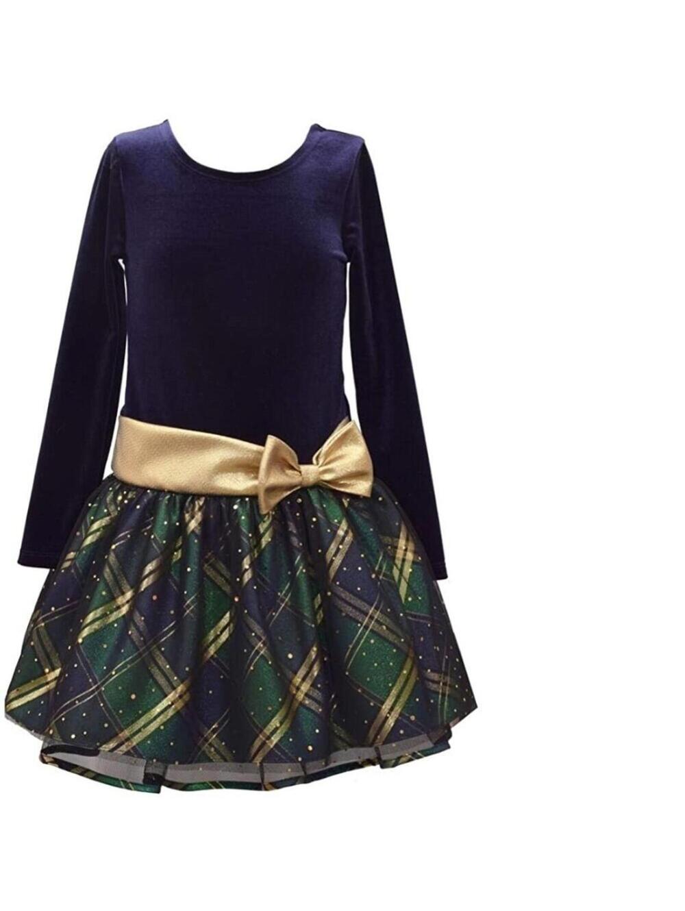Bonnie Jean Party Dress 10 Girls Blue Green Long Sleeve Velvet Glitter Holiday